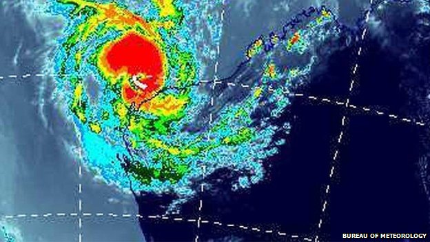 Cyclone Olwyn is seen just before hitting the WA coastline near Exmouth